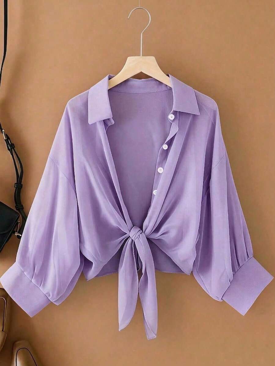 Calvaya Plus Size Women's Solid Color Drop Shoulder Long Sleeve Single-Breasted Casual Shirt Fall Cloth For Women - Purple - View 1
