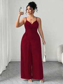 Elenzga Fashionable Casual Romantic Retro Elegant V-Neck Waist Cinched Jumpsuit For Commuting - Red - View 3