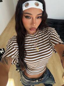 Coolane Áo thun crop top nữ mùa hè tối giản phong cách Y2K, cơ bản, thích hợp mặc hàng ngày, đi học, chất liệu co giãn, dáng rộng, xếp ly. - Cà phê nâu - Xem 6