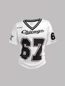 Girlism Tricou Tween pentru fete, negru, alb, stil american, cu slogan digital, casual, cu dungi, decolteu în V, umăr gol, tricou lejer și tricou cu grafică numerică, asortat cu pantaloni cargo cool cu picior drept și buzunar, set din 2 piese, ținută la modă pentru primăvară, vară, toamnă, set ținută de vacanță de vară - Alb-negru - Vizualizare 5
