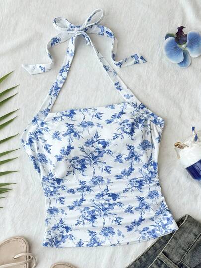 SHEIN Áo hai dây dệt kim họa tiết hoa xanh trắng cho bé gái tuổi teen, kiểu dáng ôm sát, cổ yếm, xếp ly, thích hợp cho mùa xuân/hè.
