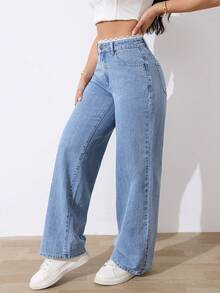SHEIN Tall Quần jean ống rộng cạp cao kẻ sọc dọc dành cho nữ, trang phục thường ngày thanh lịch và thoải mái cho mùa hè. Quần jean ống rộng kẻ sọc màu đen thời trang công sở, cạp ren thanh lịch với chi tiết phối ghép, thích hợp cho mùa hè. - Màu xanh nhạt - Xem 4
