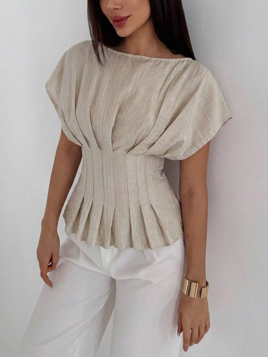 Aloruh Áo thun nữ tay ngắn cổ tròn kẻ sọc, kiểu dáng thanh lịch, thích hợp cho công sở. - Màu Khaki - Xem 1