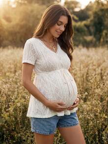 Boho Mama 白色夏季休閒孕婦度假上衣，紋理V領短袖抽繩收腰娃娃衫，孕婦度假上衣 - 杏色 - 查看 2