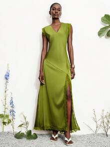 Aveloria Modichic Luxury Party V-Neck Satin Contrast Lace Asymmetric Hem Sleeveless Dress, Olive Green, Side Slit, Elegant For Vacation, Party, Evening, Work, Versatile - Green - View 6