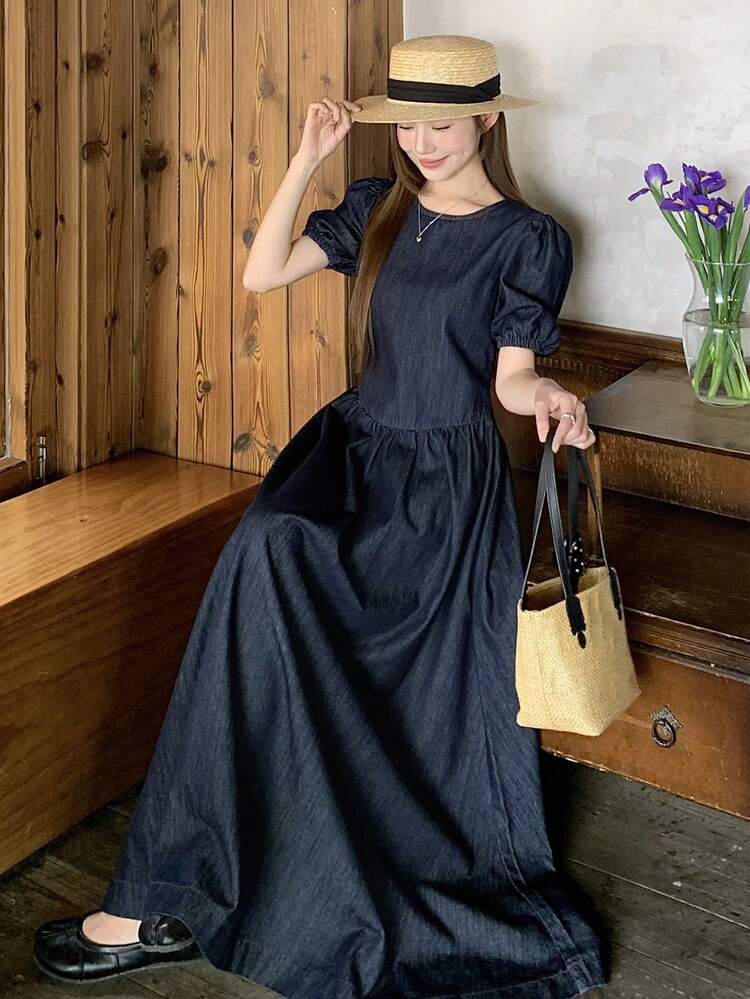 Women's Summer Round Neck Short Sleeve Backless Bow Tie Casual Long Denim Dress