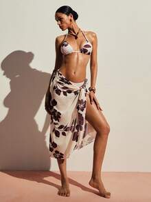 Poéselle Damen 2-teiliges Hibiskus-Muster Triangel-Bikini-Set - Verstellbarer Neckholder-Oberteil & Bikinihose mit Seitenbindung, Hibiskus Bademode, Triangel-Bikini-Set, Seitenbindung Bikini, tropische Strandmode, Sommer Bikini, Hawaii-Muster Bademode, Urlaubs-Schwimmset, Sommer Strand Floral Muster Neckholder Sexy Bikini Bademode Set, Bikini-Set für Damen, Bademode für Damen 2 Teile, Urlaubsoutfits für Damen Bikini-Set - Braun - Übersicht 2