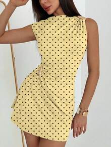 Aloruh Women's Black Polka Dot Ruched Sleeve Mini Dress,Summer Vintage Beach Vacation Holiday,Yellow Elegent Tropical Wedding Guest Gowns,Metal Decor - Yellow - View 5