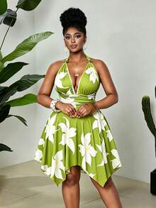 Maweii Plus Size Women Floral Print Deep V-Neck Vacation Dress - Multicolor - View 4