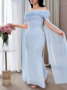 Feyla 女士纯色露肩修身优雅长连衣裙，饰有3D立体花卉图案 - 淺藍色 - 查看 5