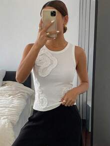 DAZY 女士褶皱印花宽松短袖露脐圆领休闲夏季上衣 - 白色 - 查看 3