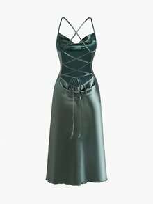 Bisouelle 2 chiếc váy ngủ satin hở lưng buộc dây, váy ngủ sang trọng - Nhiều màu - Xem 8