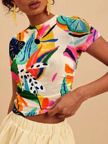 Travachic Nueva blusa casual de manga corta con estampado, ajustada y de malla transparente con plisados, adecuada para vacaciones/ocio y diversas ocasiones relajadas, Primavera/Verano 2026 - Multicolor - Ver 1