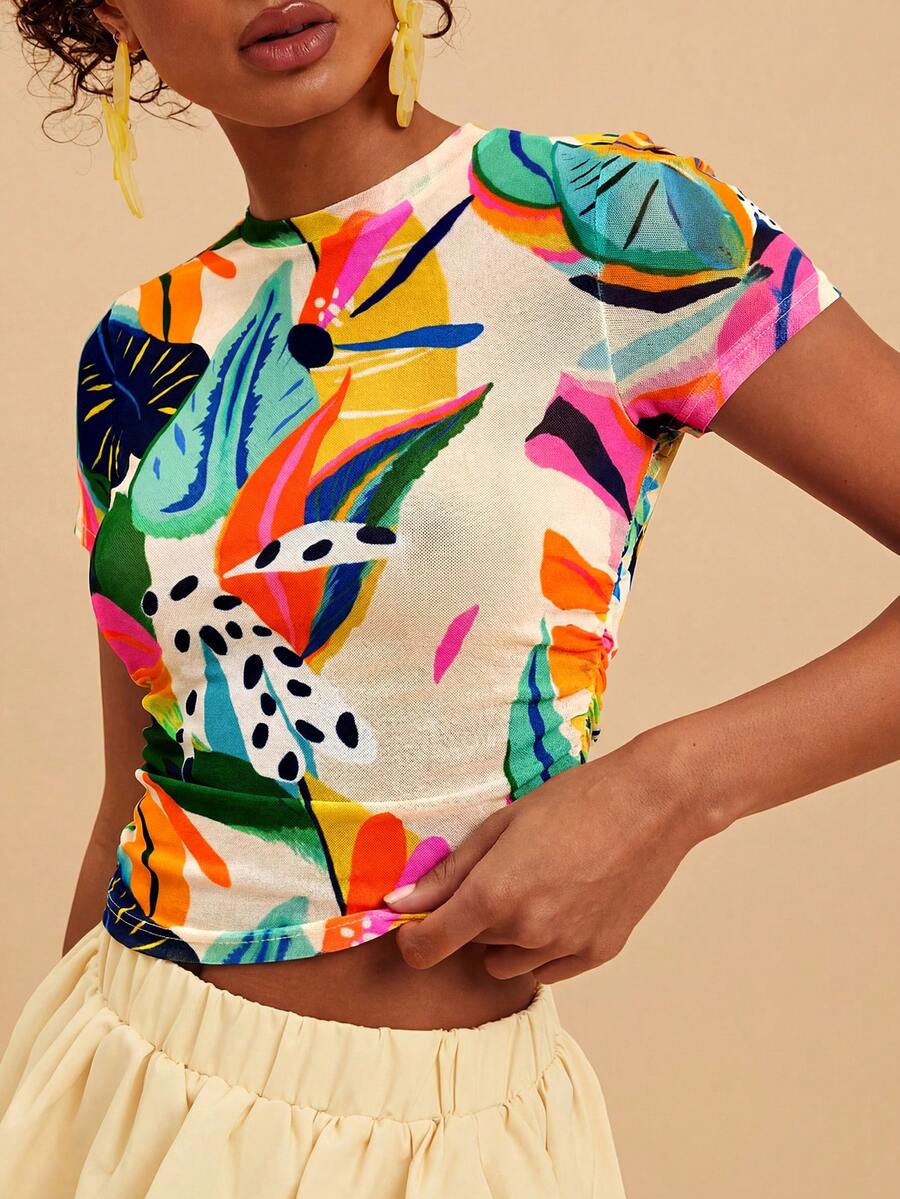 Travachic Nueva blusa casual de manga corta con estampado, ajustada y de malla transparente con plisados, adecuada para vacaciones/ocio y diversas ocasiones relajadas, Primavera/Verano 2026 - Multicolor - Ver 1