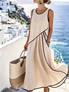 SHEIN PETITE Đầm nữ mùa hè tối giản không tay viền đen, đầm xòe xếp ly màu be, đa năng cho công sở và kỳ nghỉ, họa tiết hình học thanh lịch, đầm xòe rộng, tôn dáng, đầm hai dây viền gấu, đầm chữ A vạt không đều, trang phục công sở sang trọng, thân thiện với da, thiết kế không tay cổ tròn cổ điển, tươi mát và sành điệu, che phủ hông và tôn dáng, đầm đa năng cho kỳ nghỉ và hẹn hò hàng ngày. - Màu be - Xem 6