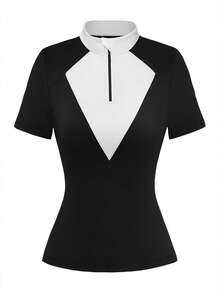 SHEIN Sports Women's Equestrian Short-Sleeve T-Shirt,Half-Zip Design Sports Top,Black & White Contrast Color Blocking,Spring/Summer New Outdoor Performance Wear - Black and White - View 1