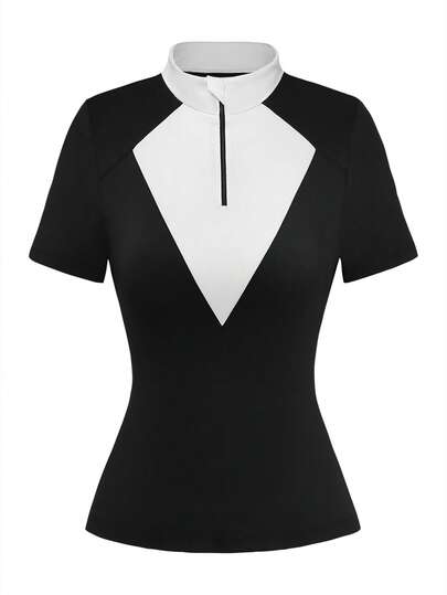 With My Calm Women's Equestrian Short-Sleeve T-Shirt Sports Top - Half-Zip Design, Black & White Contrast Color Blocking, Ideal For Outdoor Wear, Spring/Summer New Collection