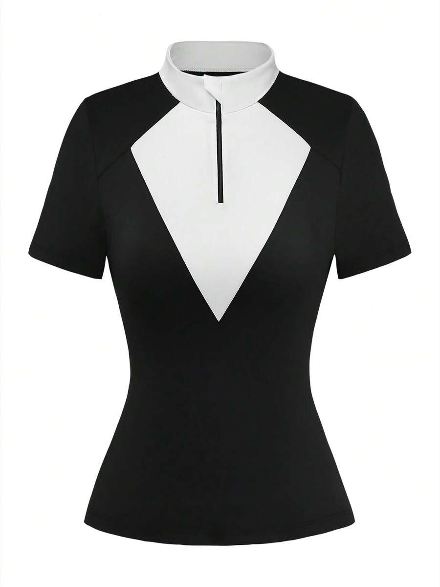 SHEIN Sports Women's Equestrian Short-Sleeve T-Shirt,Half-Zip Design Sports Top,Black & White Contrast Color Blocking,Spring/Summer New Outdoor Performance Wear - Black and White - View 1