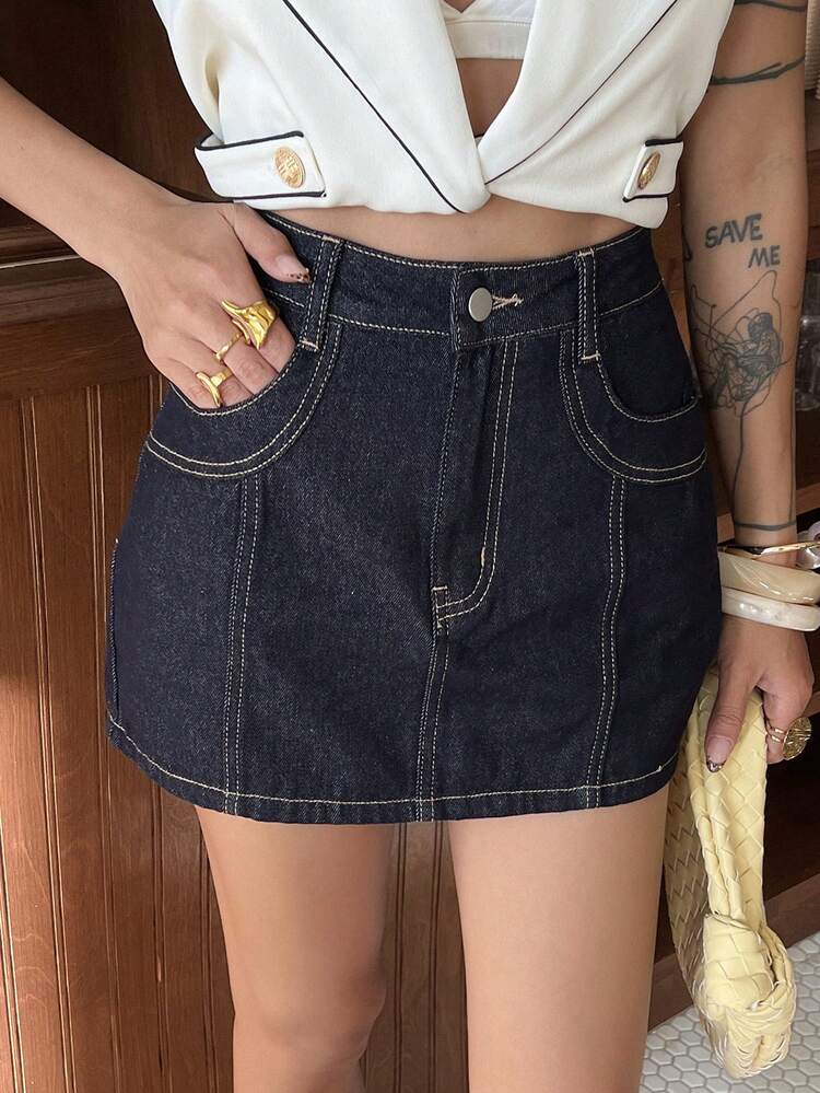 Women's Casual Washed Denim Mini Skirt With Topstitching Decor Summer
