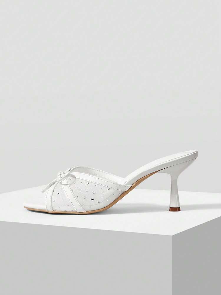WOMEN'S FASHIONABLE ELEGANT SHEER MESH RHINESTONE DECOR BOWKNOT OPEN TOE HEELED SANDALS, SUMMER