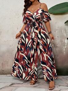SHEIN VCAY Plus Size Open Shoulder Short Sleeve Holiday Dress - Multicolor - View 6