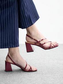 CUCCOO BIZCHIC 女士时尚高跟凉鞋，粗跟漆皮，四季皆宜，通勤、节日、办公、户外、日常百搭 - 酒紅色 - 查看 1