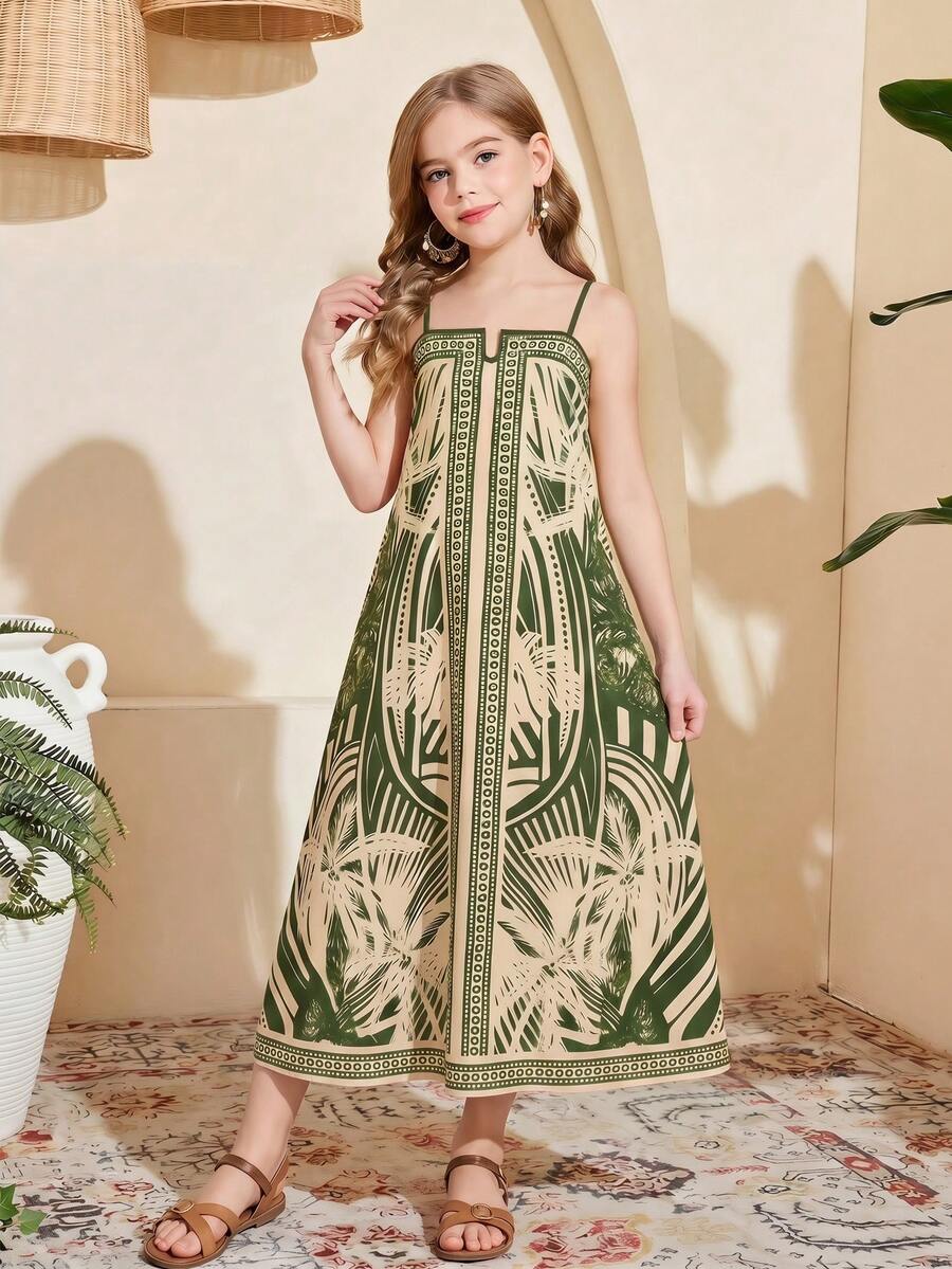SHEIN 少女印花宽松吊带连衣裙，波西米亚风连衣裙，适合热带海滩度假，母女亲子装，春夏款 - 綠色 - 查看 1