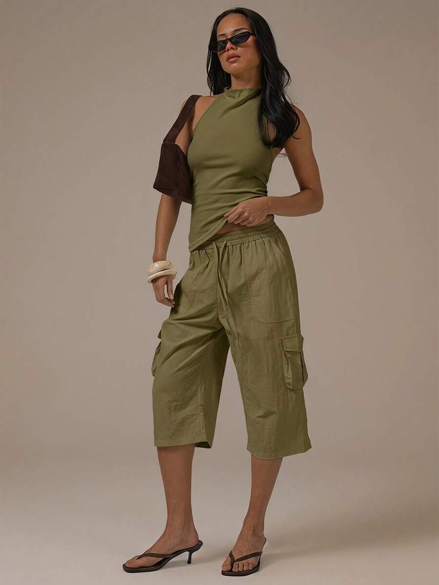 MUSERA Cargo Tie Waist Capri Pants Spring Summer Cute Cosy Cottage Core Spring Dew Casual - Khaki - View 1