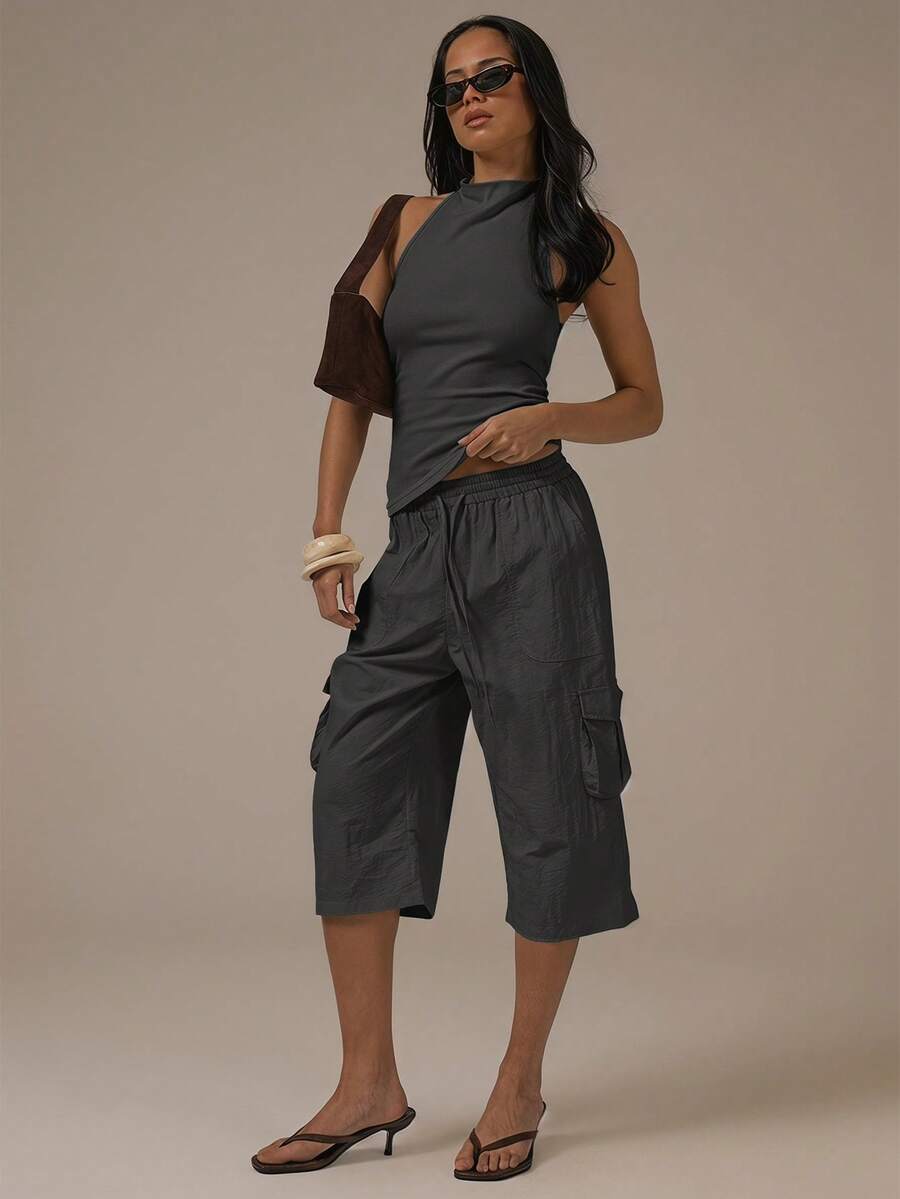 MUSERA Cargo Tie Waist Capri Pants Spring Summer Cute Cosy Cottage Core Spring Dew Casual - Dark Grey - View 1