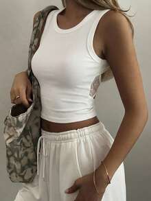 DAZY Áo camisole mùa hè dành cho nữ, cổ tròn, hở lưng, thiết kế khoét lỗ, ôm sát, dáng ngắn, gợi cảm, thường ngày. - trắng - Xem 2