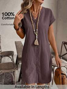 SHEIN Tall CURVE Đầm cotton đơn giản, màu trơn, cài cúc đơn dành cho nữ cỡ lớn - màu nâu - Xem 5