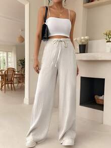 SHEIN Tall CURVE Quần ống rộng dáng suông, thoải mái, thanh lịch, chất liệu vải lanh kẻ sọc, cỡ lớn dành cho nữ, có dây rút và túi, phù hợp cho giáo viên, trang phục mùa hè, đi học, đi làm, công sở tối giản, phong cách retro. - Màu be - Xem 4