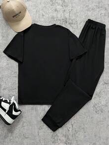 2pcs/Set Boys' Casual Minimalist Printed Short Sleeve T-Shirt And Knit Jogger Pants, Summer Outfit - Black - View 2