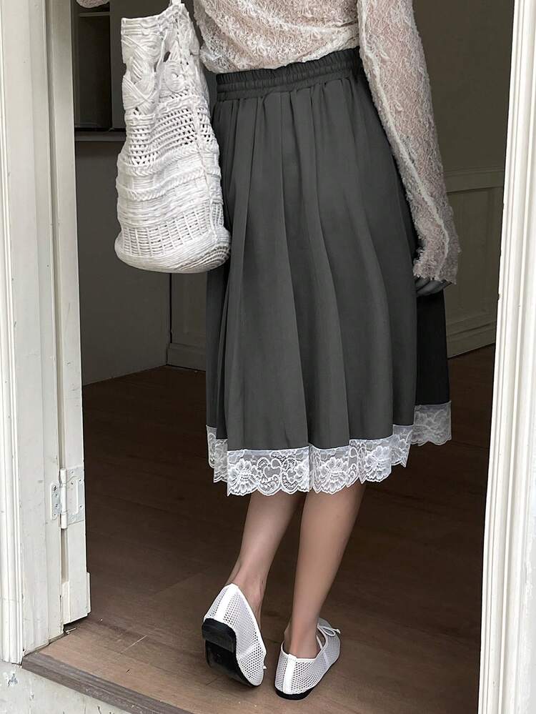 Patchwork Contrast Color Lace Trim Elastic Waist Drawstring Pleated Knee-Length Casual Skirt Pants For Women, Summer