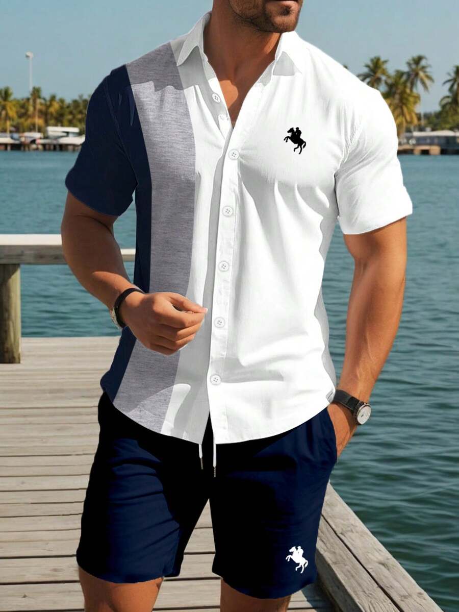 Manfinity RSRT Bộ áo sơ mi ngắn tay và quần short nam phối màu tương phản, kiểu dáng thường ngày. - Nhiều màu - Xem 1