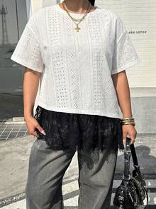 Muchica 大码夏季休闲撞色蕾丝拼接T恤 - 黑與白 - 查看 3