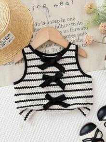 LMoss Kids Baby Girl Striped Textured Back Bow Blouse - Black and White - View 3