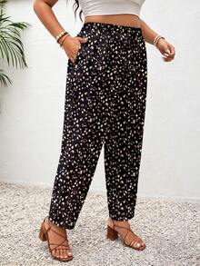 SHEIN Frenchy Plus Size Women's Casual Leopard Print Pattern Long Pants, Suitable For Spring & Summer, Black Fall - Multicolor - View 3