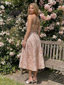 SHEIN Dusty Pink 3D Floral Jacquard Spaghetti Strap Square Neck Midi Dress Women Elegant Summer Layered Wedding Ninang Guest Cocktail Prom Fairycore Dress - Baby Pink - View 8