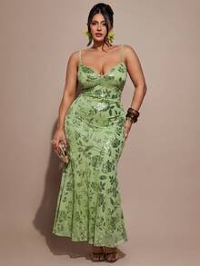 SHEIN BAE Plus Size Women Green Sequin Strap Dress - Green - View 4