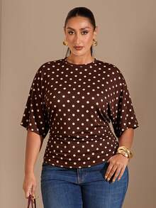 SHEIN BAE Áo thun nữ cỡ lớn in chấm bi, kiểu dáng thắt eo, phong cách thường ngày. - trắng - Xem 3