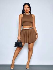 SOLERSUN Sexy And Elegant Women's Casual American College Style Two Pieces Set: Vest And Skirt Set For Spring And Summer. Brown Skirt And Top Co Ord Outfits For Women 2 Piece Outfits 2 Piece Set Brown Two Piece Set Skirt Brown Two Piece Outfit - Coffee Brown - View 5