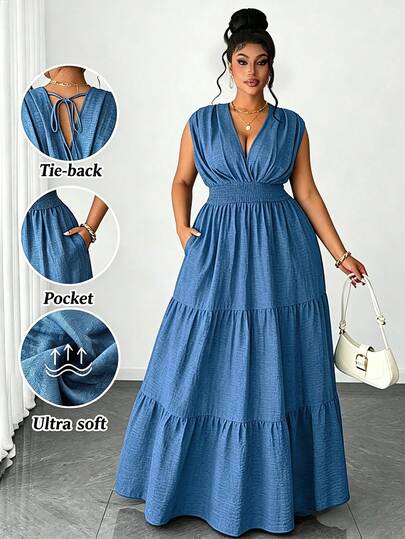 Maweii Plus Size Women's Elegant Faux Denim Shirred Cinched Waist Dress With Bow Tie Back, Layered Ruffle Hem, Versatile Design For Party, Date Night, Vacation, Beach, Music Festival