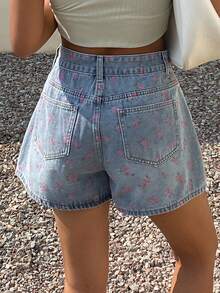 2026 Shorts vaqueros informales de mujer con dobladillo deshilachado y estampado floral diminuto - Azul - Ver 2