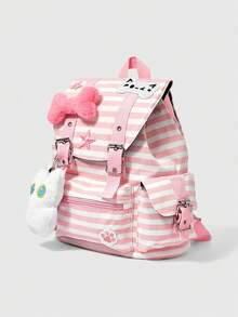 ROMWE Anime 1 Stück rosa und weiß Punk College Stil Katzenpfoten Abdruck Knochen Stern kontrastfarbiger Streifen Multi-Taschen Rucksack, Mode und Lässig Unisex Rucksack mit großer Kapazität, geeignet für Pendeln und Schule - rosa weiß - Übersicht 3