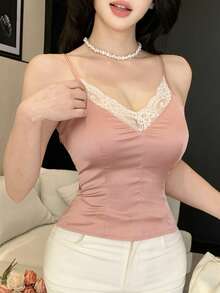 DAZY 女士蕾丝拼接修身吊带背心，春夏款 - 粉色 - 查看 10