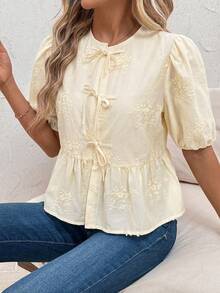 SHEIN Clasi Damen Bluse mit Frontknoten, Puffärmeln, süßer Stickerei, elegant für Urlaub, Valentinstag, Sommer, Teeparty, High Tea, Creme - Aprikosenfarben - Übersicht 4