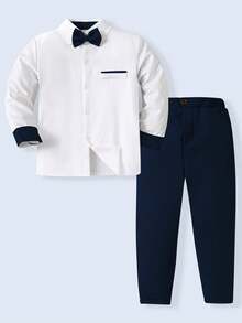SHEIN Bộ trang phục lịch lãm 2 món cho bé trai tuổi teen, gồm áo sơ mi dài tay + nơ + quần tây, trang phục trang trọng thanh lịch cho tiệc sinh nhật, đám cưới, buổi biểu diễn, lễ tốt nghiệp, hoặc mặc hàng ngày, bộ áo sơ mi màu xanh lá cây. - Xanh đậm - Xem 3