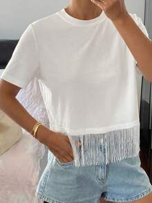 Blusa de verano casual de mujer de unicolor, cuello redondo ajustado, manga corta con aplicación de encaje - Blanco - Ver 5
