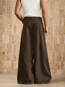 AKNOTIC Men's Woven Fashion Casual Loose Wide-Legged Solid Color Baggy Pants For Everyday, School - Brown - View 4